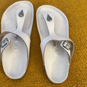 Birkenstock White Sandals with Silver Buckles